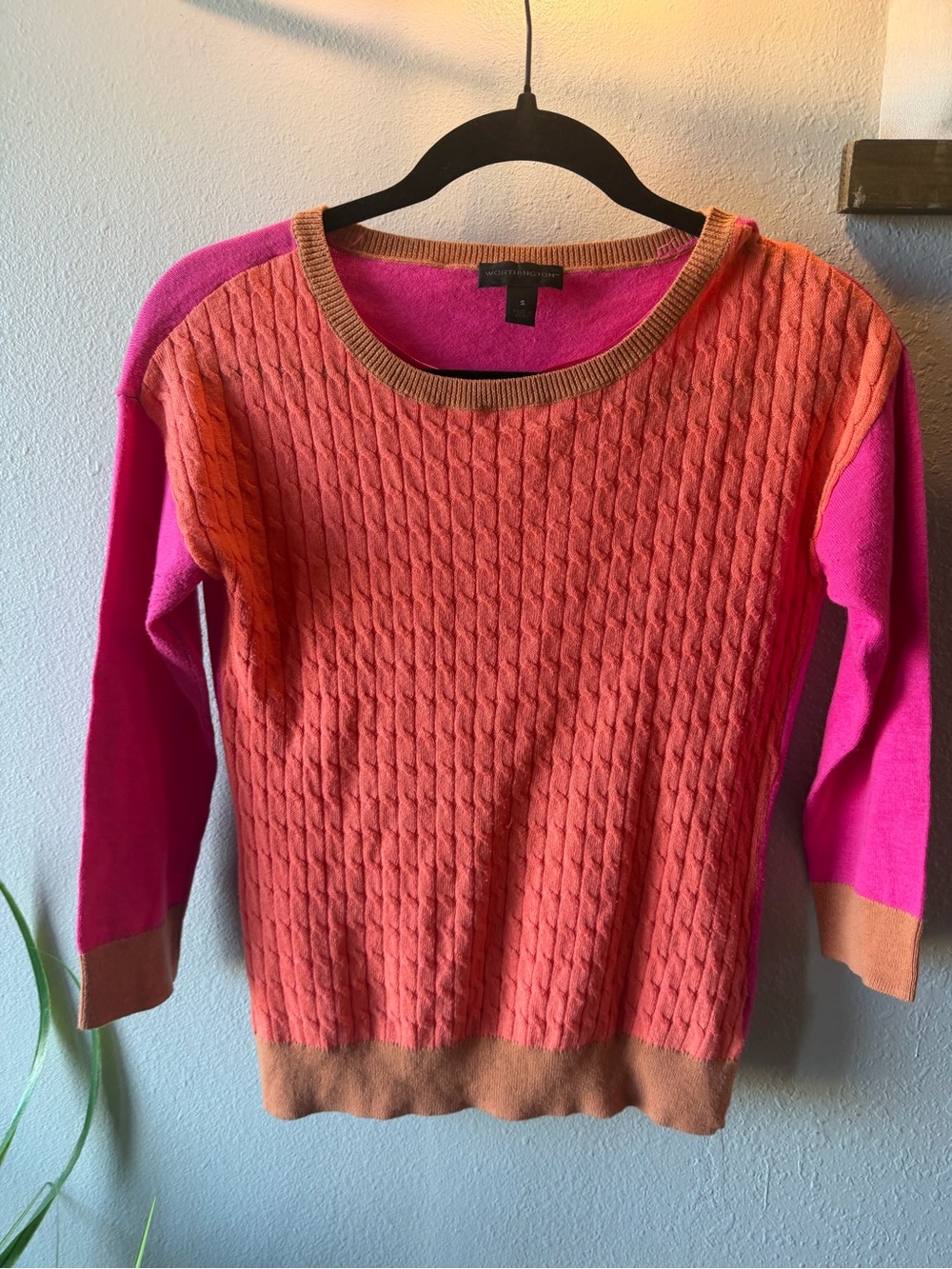 Worthington Pink & Orange Cable Knit Crew Sweater